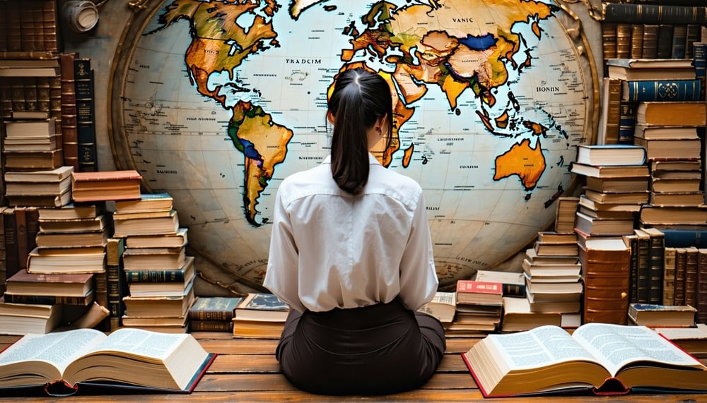A person exploring a world of knowledge through guides A person exploring a world of knowledge through guides