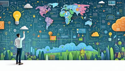 Illustration of a person exploring a world of ideas and solutions